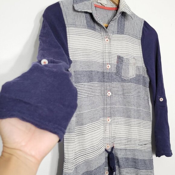 9-H15 StCL Anthropology Navy Blue Striped Shirt Roll Tab Sleeves Pockets XS - Picture 2 of 13